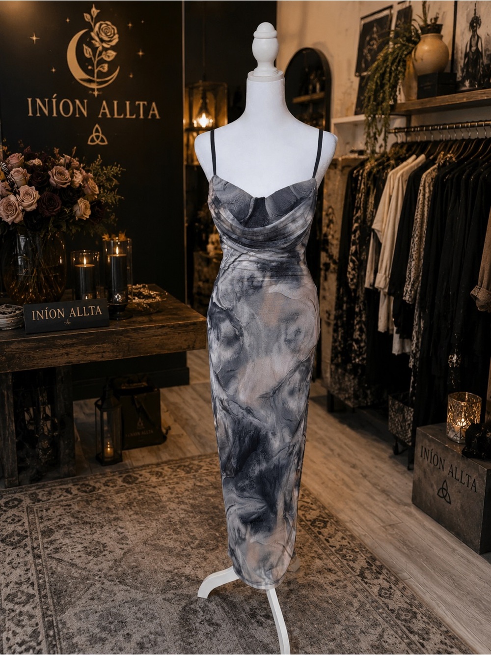 Marble-Print Maxi Slip Dress in Gray